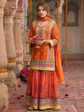 Trendy Orange Chinon Silk with Mirror Work Sharara Suit